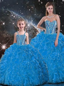 Nice Baby Blue Ball Gowns Beading and Ruffles Ball Gown Prom Dress Lace Up Organza Sleeveless Floor Length