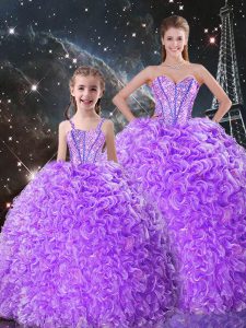 Fashion Lavender Organza Lace Up Sweetheart Sleeveless Floor Length 15 Quinceanera Dress Beading and Ruffles