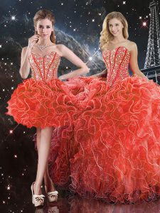 Custom Design Floor Length Lace Up Sweet 16 Quinceanera Dress Coral Red for Military Ball and Sweet 16 and Quinceanera with Beading and Ruffles