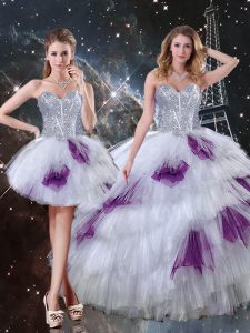 Multi-color Three Pieces Sweetheart Sleeveless Tulle Floor Length Lace Up Beading and Ruffled Layers and Sequins Ball Gown Prom Dress