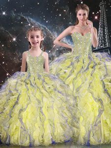 Yellow Sweetheart Lace Up Beading and Ruffles Quinceanera Gown Sleeveless