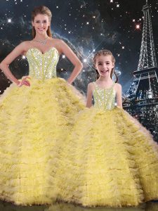 Yellow Sweetheart Neckline Beading and Ruffles Vestidos de Quinceanera Sleeveless Lace Up