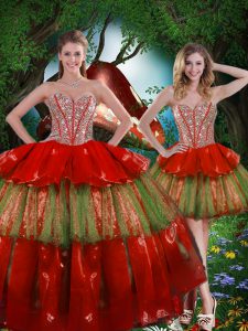 Captivating Sleeveless Organza Floor Length Lace Up Quinceanera Dress in Wine Red with Beading and Ruffled Layers
