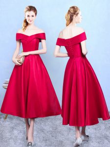 Wine Red Lace Up Dama Dress Appliques Sleeveless Tea Length
