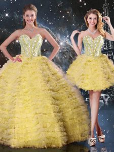 Yellow Sleeveless Beading and Ruffled Layers Floor Length Vestidos de Quinceanera
