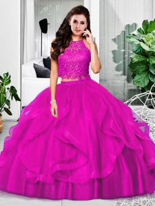 Chic Halter Top Sleeveless Tulle Sweet 16 Dress Lace and Ruffles Zipper