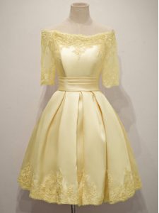 Fantastic Knee Length Yellow Vestidos de Damas Off The Shoulder Half Sleeves Lace Up