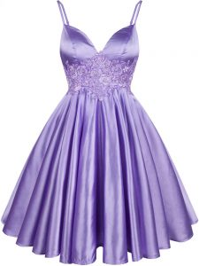 Lilac Elastic Woven Satin Lace Up Spaghetti Straps Sleeveless Knee Length Vestidos de Damas Lace