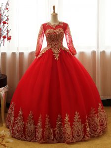 Excellent Red Scoop Neckline Appliques Quinceanera Gowns Long Sleeves Lace Up