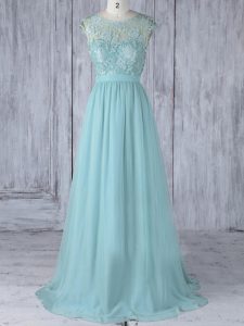 Trendy Aqua Blue Empire Scoop Cap Sleeves Chiffon Sweep Train Backless Lace Dama Dress for Quinceanera