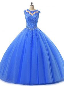 Eye-catching Blue Ball Gowns Scoop Sleeveless Tulle Floor Length Lace Up Beading and Lace Ball Gown Prom Dress