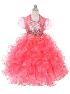 Customized Sleeveless Organza Floor Length Lace Up Pageant Dress for Teens in Coral Red with Ruffles and Sequins and Bowknot