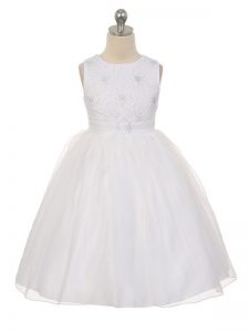 High Quality Scoop Sleeveless Little Girls Pageant Dress Knee Length Beading White Tulle