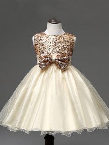 Champagne Sleeveless Sequins and Bowknot Knee Length Pageant Dress for Girls