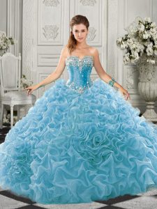 Beading and Ruffles Quinceanera Dresses Aqua Blue Lace Up Sleeveless Court Train
