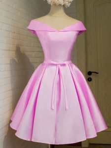 Lilac Taffeta Lace Up Dama Dress Cap Sleeves Knee Length Belt