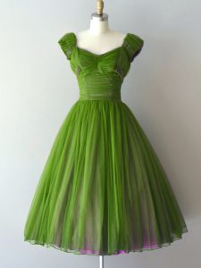 Chiffon V-neck Cap Sleeves Zipper Ruching Vestidos de Damas in Green