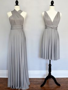 Modest Grey Sleeveless Ruching Floor Length Quinceanera Court Dresses