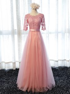 Artistic Floor Length Lace Up Vestidos de Damas Pink for Prom and Party and Wedding Party with Lace