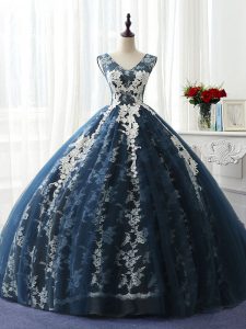 Modern Navy Blue Ball Gowns Ruffles and Pattern 15th Birthday Dress Lace Up Organza and Taffeta and Chiffon and Tulle Sleeveless Floor Length
