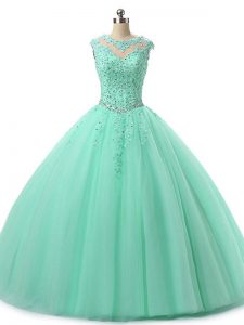 Luxury Scoop Sleeveless Tulle Quinceanera Dress Beading and Lace Lace Up