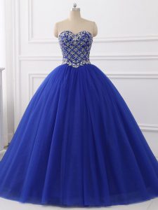 Latest Floor Length Lace Up Sweet 16 Dresses Royal Blue for Military Ball and Sweet 16 and Quinceanera with Beading