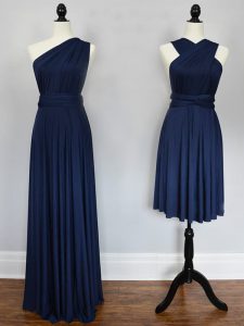 Exquisite Navy Blue Chiffon Lace Up Halter Top Sleeveless Floor Length Damas Dress Ruching