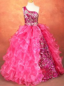 Nice One Shoulder Sleeveless Organza Little Girls Pageant Dress Wholesale Beading and Ruffles and Sequins Lace Up