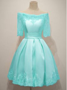 Off The Shoulder Half Sleeves Quinceanera Court of Honor Dress Knee Length Lace Aqua Blue Taffeta