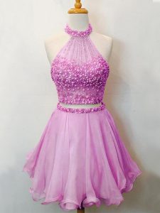 Two Pieces Court Dresses for Sweet 16 Lilac Halter Top Organza Sleeveless Knee Length Lace Up