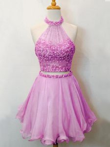 Two Pieces Court Dresses for Sweet 16 Lilac Halter Top Organza Sleeveless Knee Length Lace Up