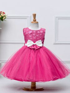 Hot Pink Ball Gowns Tulle Scoop Sleeveless Lace and Bowknot Knee Length Zipper Little Girl Pageant Dress