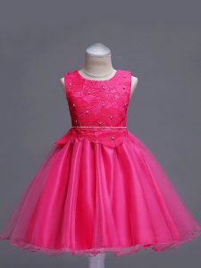 Elegant Hot Pink Sleeveless Lace Knee Length Pageant Dress for Womens