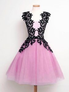 Superior Lilac Tulle Lace Up Dama Dress for Quinceanera Sleeveless Knee Length Lace
