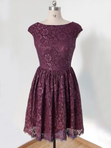 Hot Selling Dark Purple Lace Up Scoop Lace Dama Dress Lace Cap Sleeves