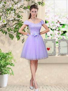 Cute Lilac A-line Lace and Belt Court Dresses for Sweet 16 Lace Up Tulle Cap Sleeves Knee Length