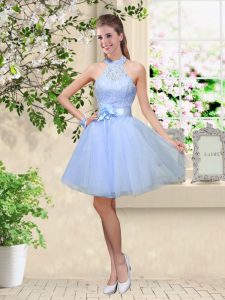 A-line Dama Dress Lavender Halter Top Tulle Sleeveless Knee Length Lace Up