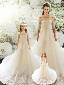 New Style Half Sleeves Court Train Lace Lace Up Quinceanera Dresses