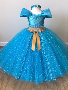 Eye-catching Sequins and Belt Custom Made Pageant Dress Baby Blue Zipper Cap Sleeves Floor Length