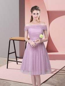 Lavender Sleeveless Ruching and Belt Knee Length Quinceanera Dama Dress