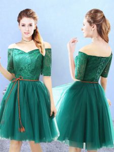 Green A-line Off The Shoulder Half Sleeves Tulle Knee Length Lace Up Lace Dama Dress