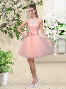 Shining Knee Length A-line Sleeveless Peach Quinceanera Court Dresses Lace Up