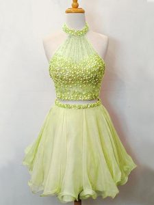 Decent Sleeveless Knee Length Beading Lace Up Vestidos de Damas with Yellow Green