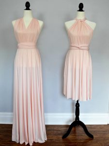 Suitable Floor Length Lace Up Vestidos de Damas Baby Pink and Peach for Prom and Wedding Party with Ruching