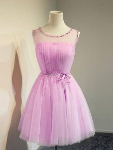 Pretty Lilac Empire Scoop Sleeveless Tulle Knee Length Lace Up Belt Quinceanera Court Dresses