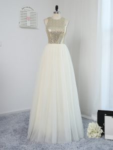 Adorable Sequins Vestidos de Damas Light Yellow Backless Sleeveless Floor Length