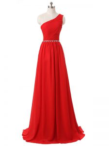 Hot Selling Red Chiffon Side Zipper Damas Dress Sleeveless Floor Length Beading and Ruching