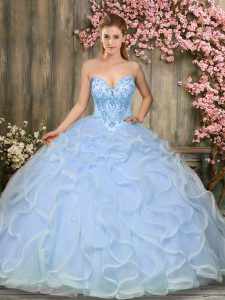 Light Blue Vestidos de Quinceanera Military Ball and Sweet 16 and Quinceanera with Beading and Ruffles Sweetheart Sleeveless Lace Up