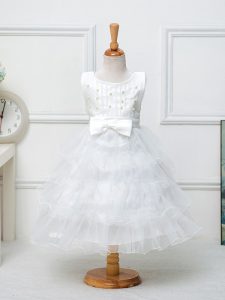 Dramatic White Scoop Neckline Ruffled Layers and Bowknot Custom Made Pageant Dress Sleeveless Zipper