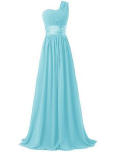 Aqua Blue Chiffon Lace Up Vestidos de Damas Sleeveless Floor Length Ruching